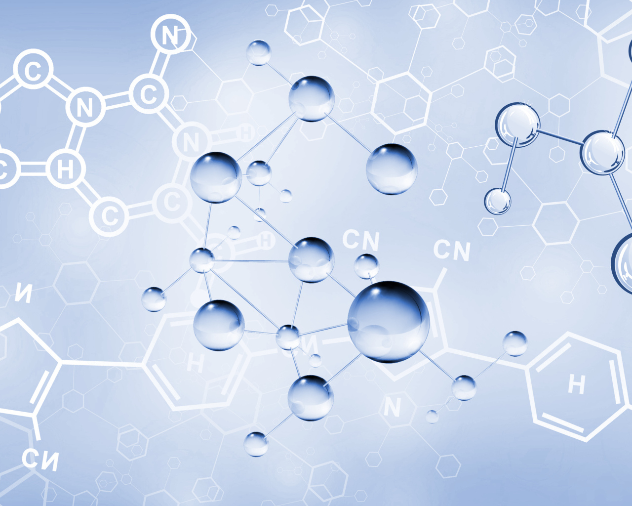 Химические соединения на голубом фоне, 3д графика