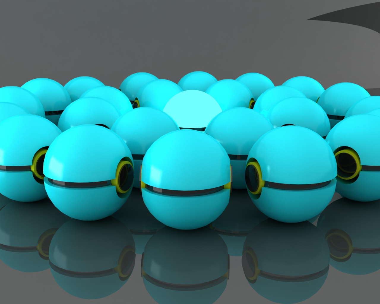 Много голубых шаров отражаются в сером поверхности 