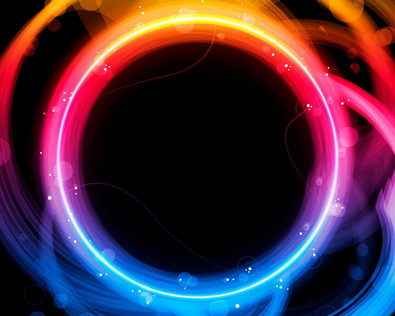 Разноцветные неоновые круги с бликами на черном фоне
