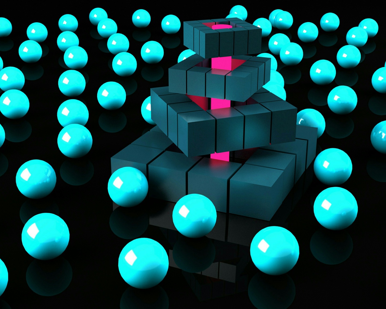 Бирюзовые шары и черные кубы на черном фоне 3д графика