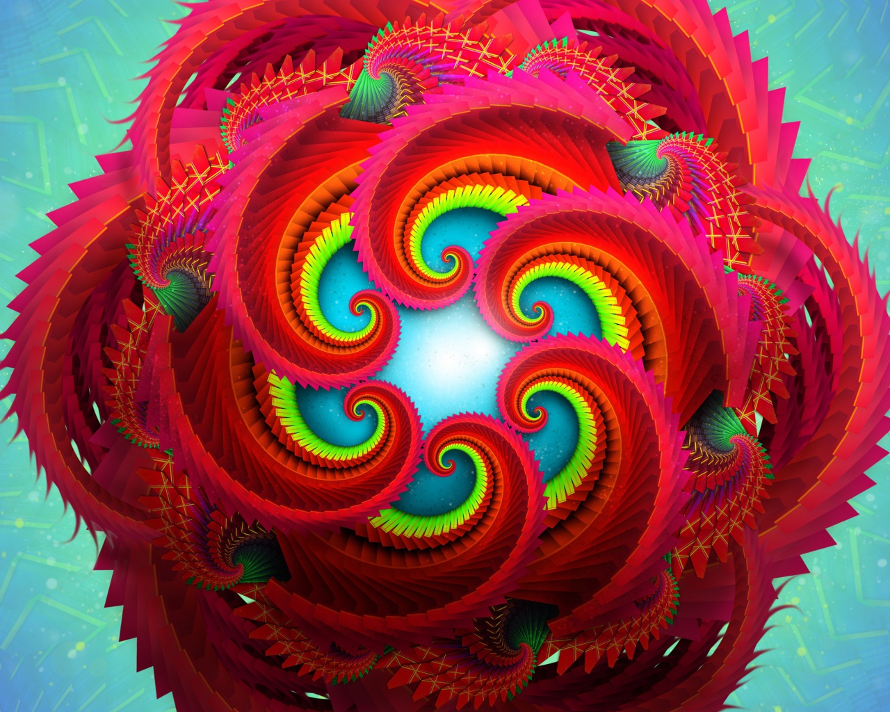 Необычный фрактальный красный цветок на голубом фоне