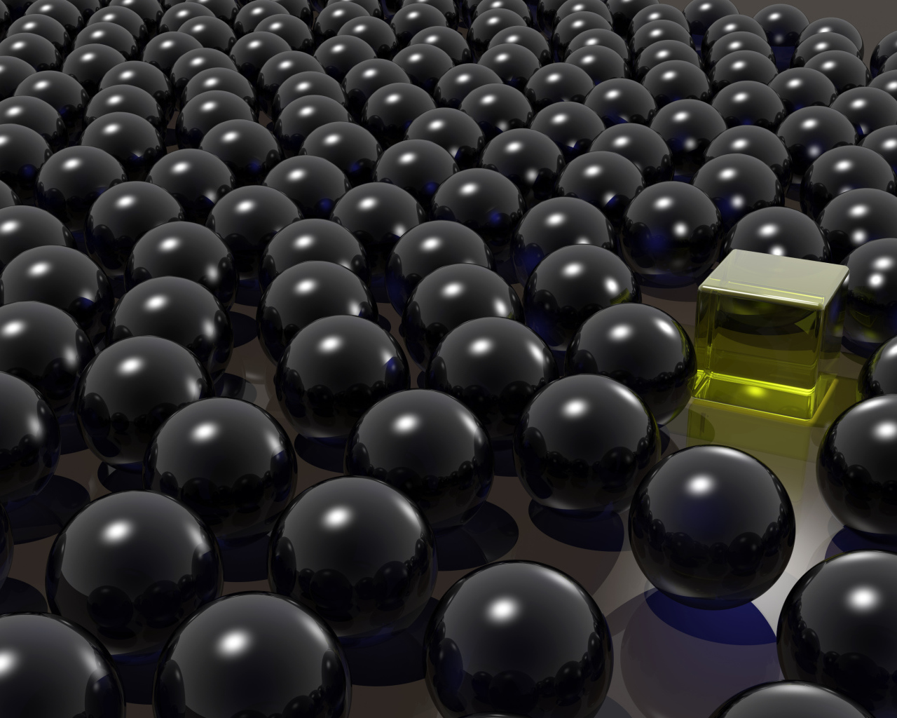 Желтый куб среди черных шаров 3д графика