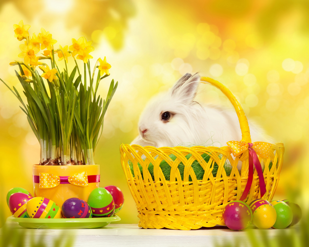 Пушистый белый кролик в корзине на столе с нарциссами и крашеными яйцами