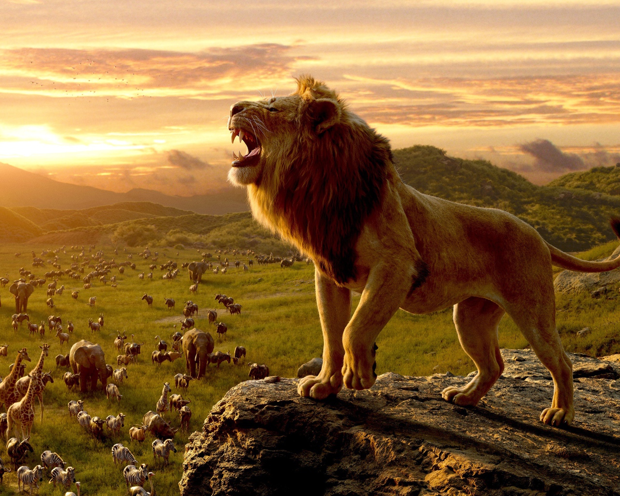 Большой грозный лев на скале 