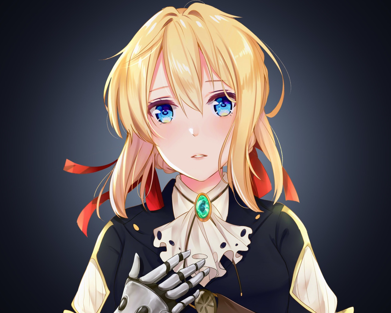 Девушка аниме Вайолет Эвергарден на сером фоне