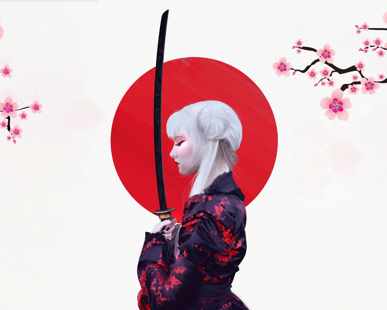 Девушка аниме Женщина Воин с мечом на фоне с ветками сакуры