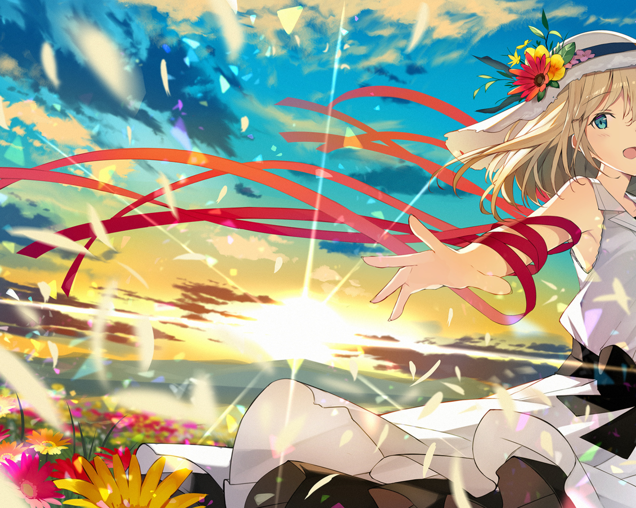 Девушка аниме в шляпе гуляет по полю с цветами
