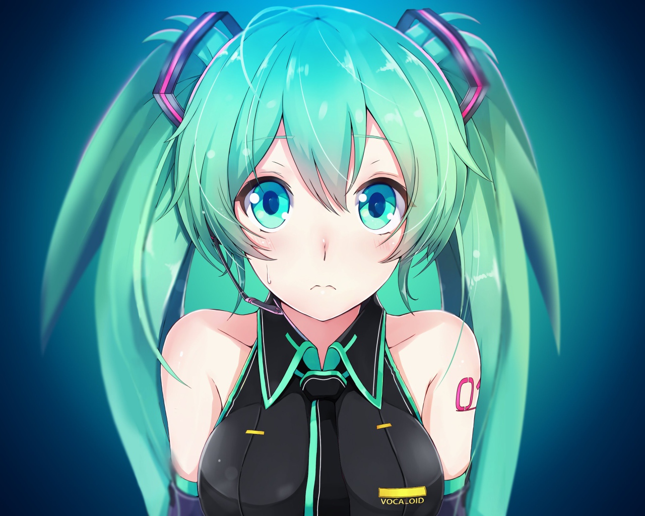 Девушка аниме Мику Хацунэ с большими голубыми глазами