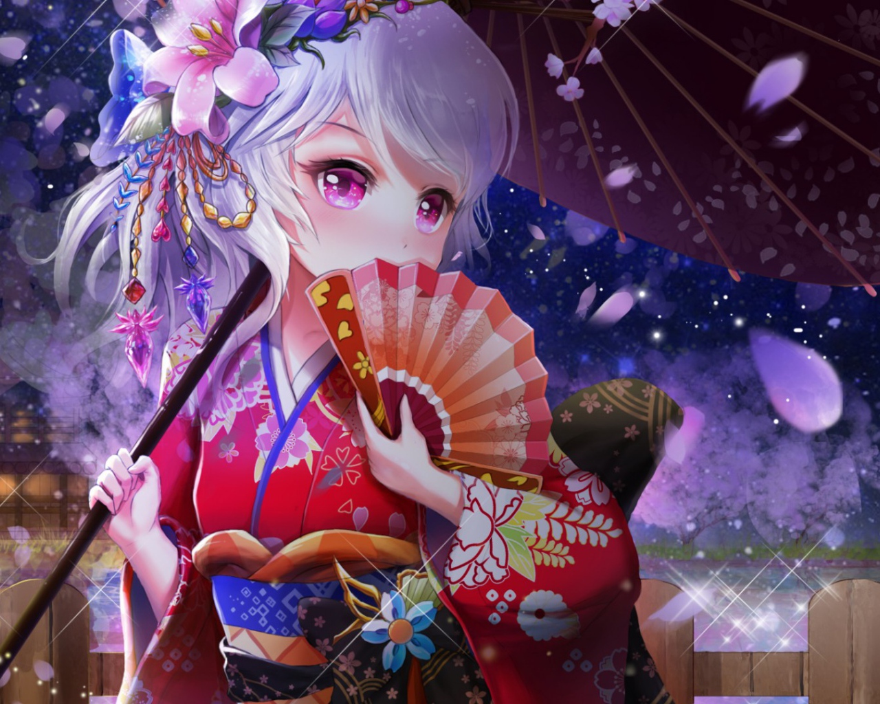 Девушка аниме с веером и зонтом в руке