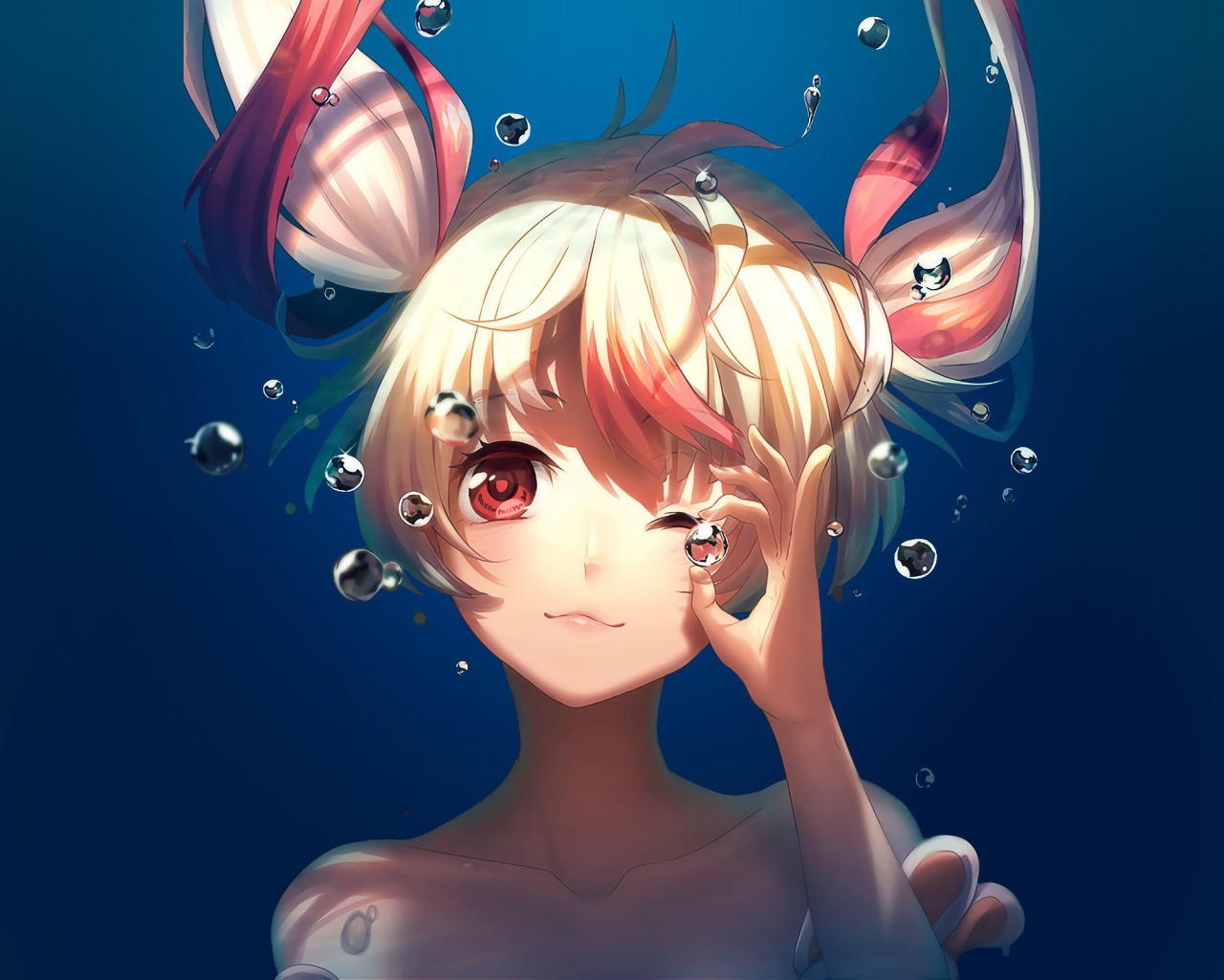 Девушка аниме с воздушными пузырями под водой 