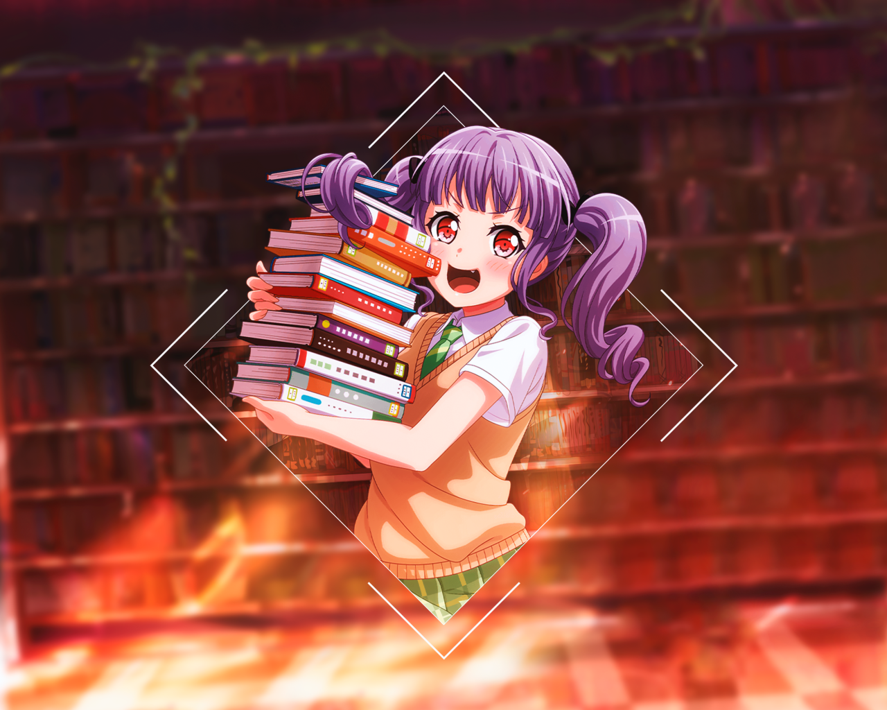 Девушка аниме с книгами в библиотеке