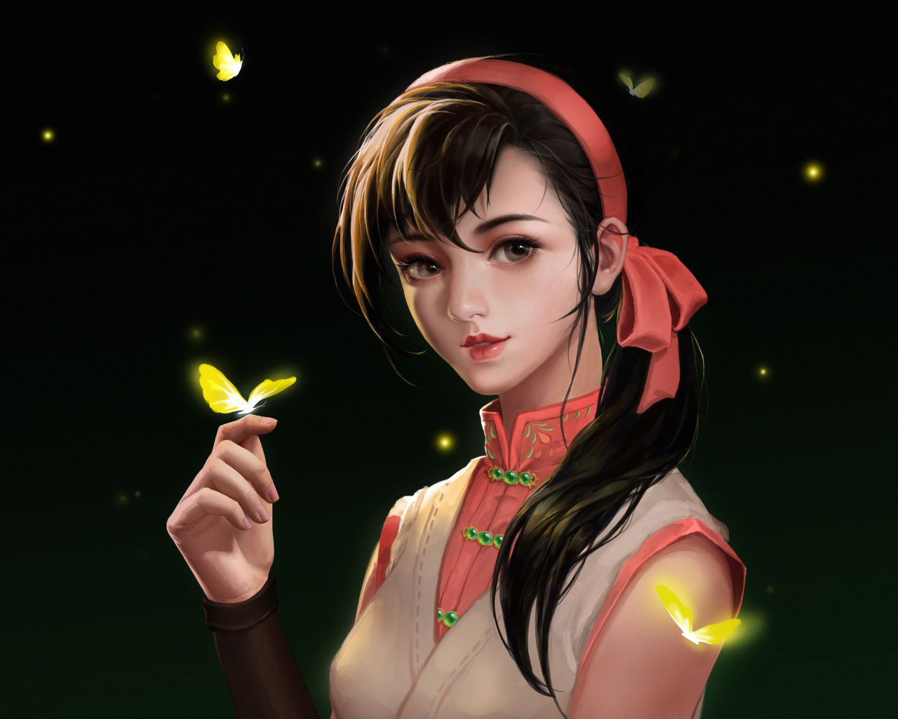 Девушка аниме с бабочкой на пальце
