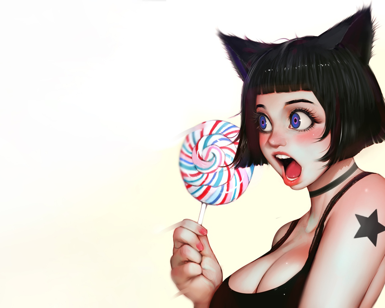 Девушка аниме с леденцом в руке на белом фоне 