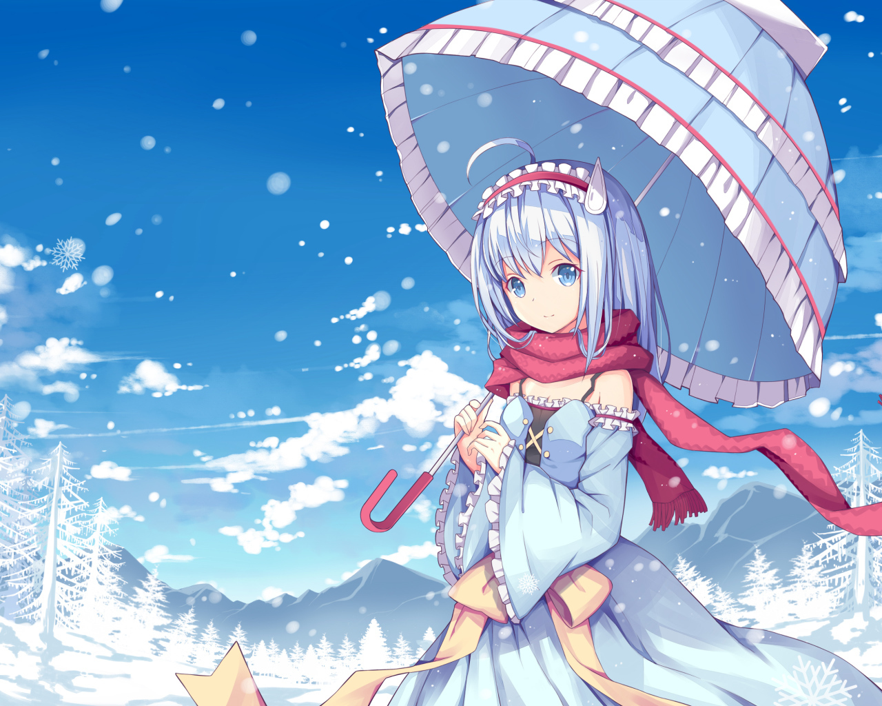 Anime girl with umbrella in a snowy forest