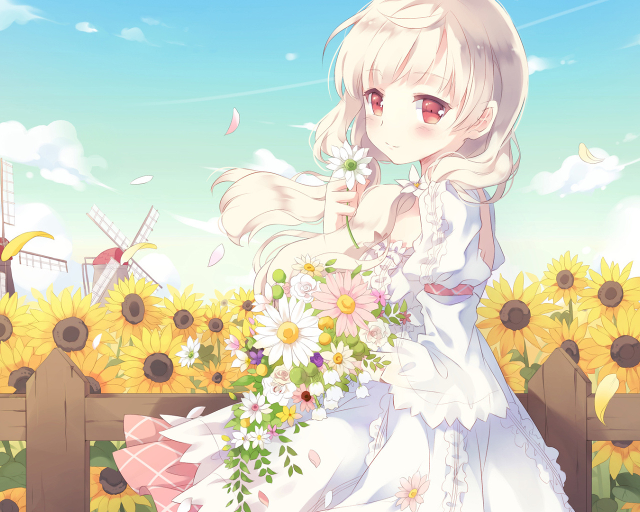 Красивая девушка аниме с букетом цветов в руках 