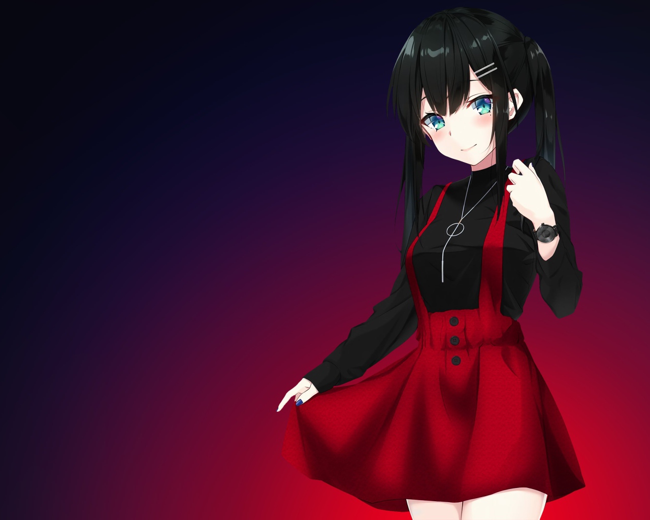 Голубоглазая девушка аниме на фиолетовом фоне