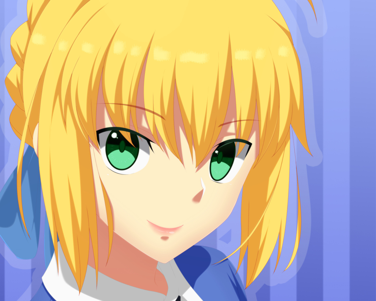 Лицо зеленоглазой девушки аниме с желтыми волосами