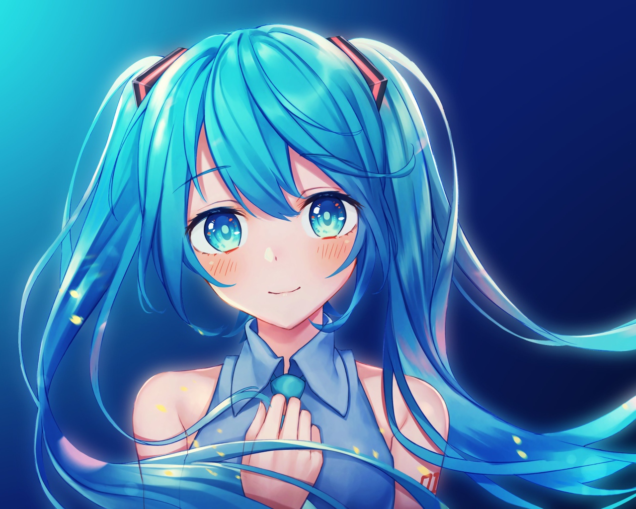 Девушка с голубыми волосами Мику Хацунэ аниме Вокалоид  на синем фоне