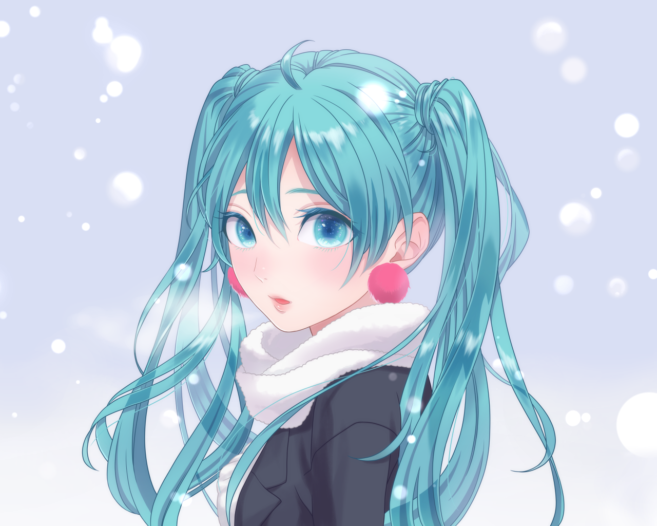 Miku Hatsune anime girl with blue hair in winter