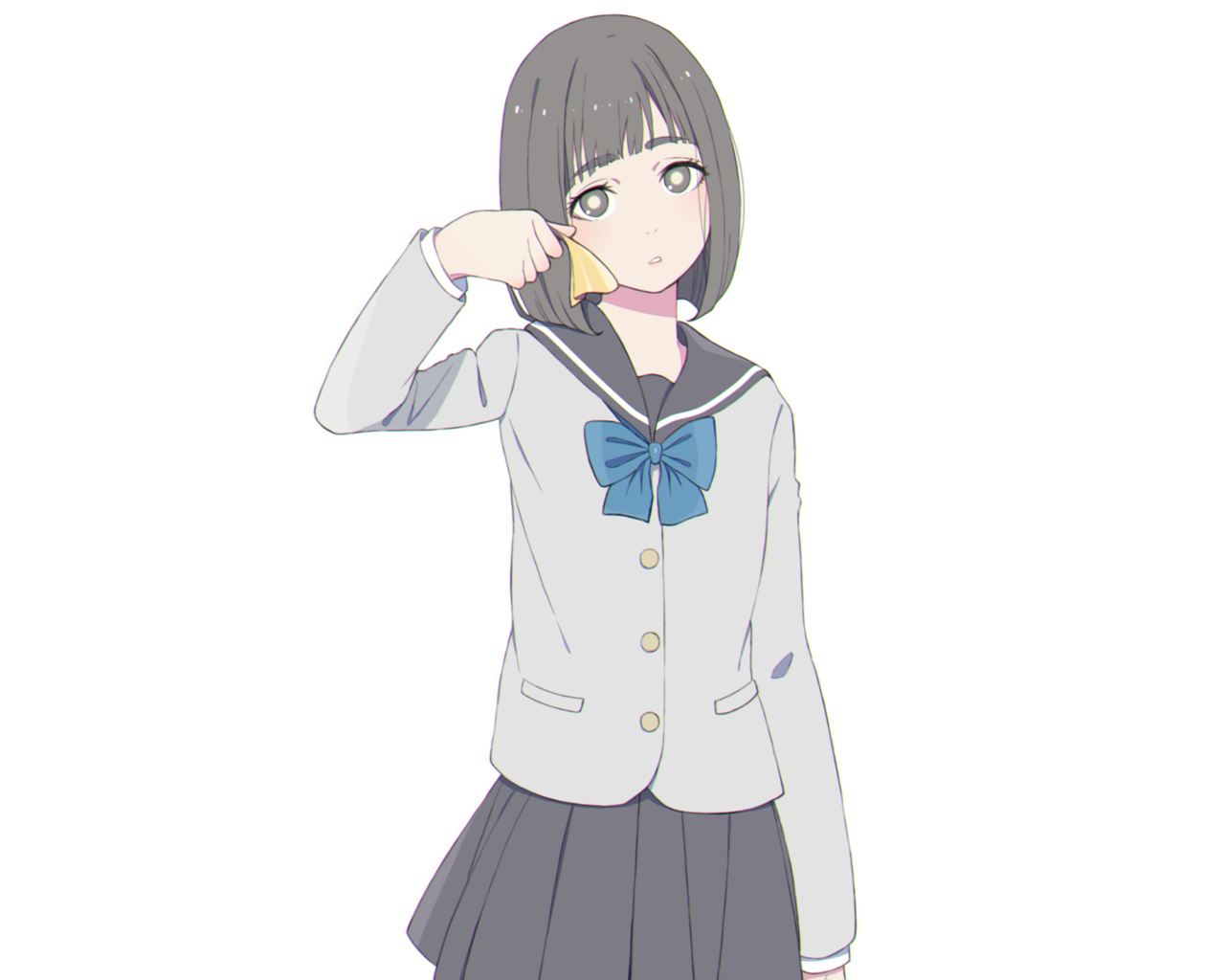 Грустная девушка аниме с форме на белом фоне