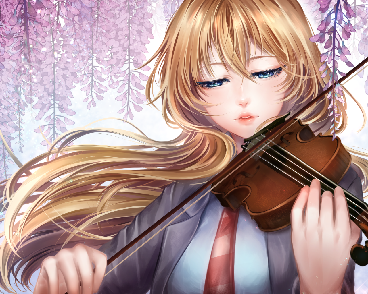 Персонаж Каори Миязоно со скрипкой аниме Твоя апрельская ложь