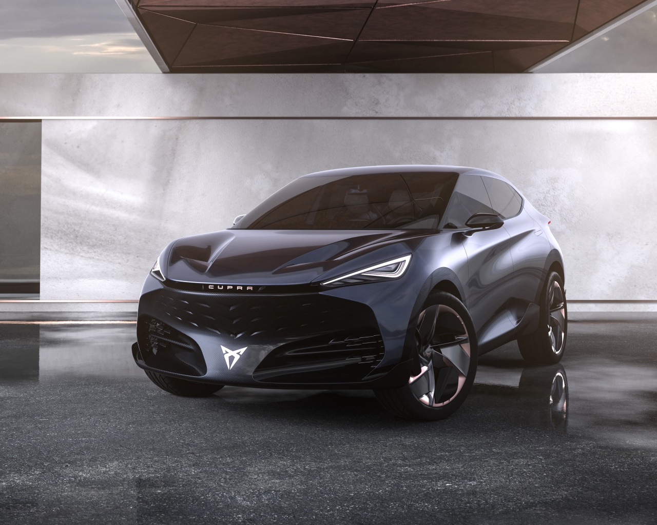 Черный автомобиль Cupra Tavascan Concept 2019 года 