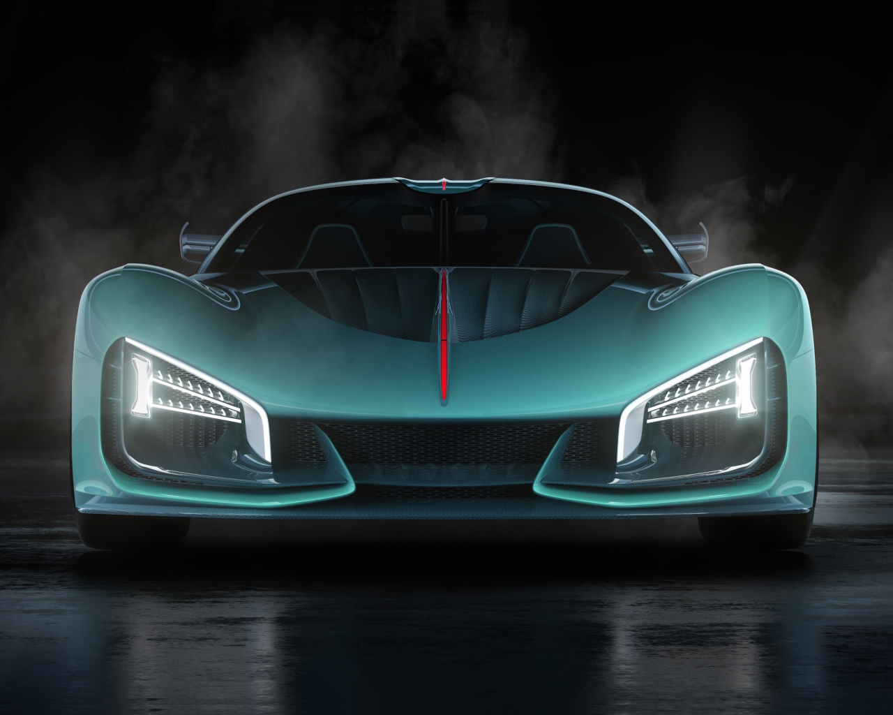 Голубой автомобиль Hongqi S9 2020 года в дыму