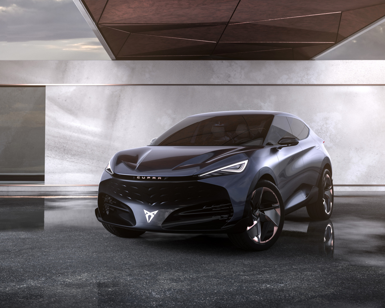 Черный автомобиль Cupra Tavascan Concept в здании 