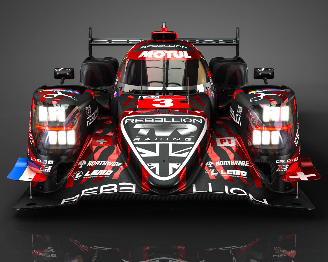 Гоночный автомобиль Rebellion R13 на сером фоне вид спереди