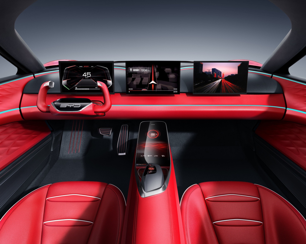 Красный кожаный салон автомобиля BYD E-SEED GT,  2019