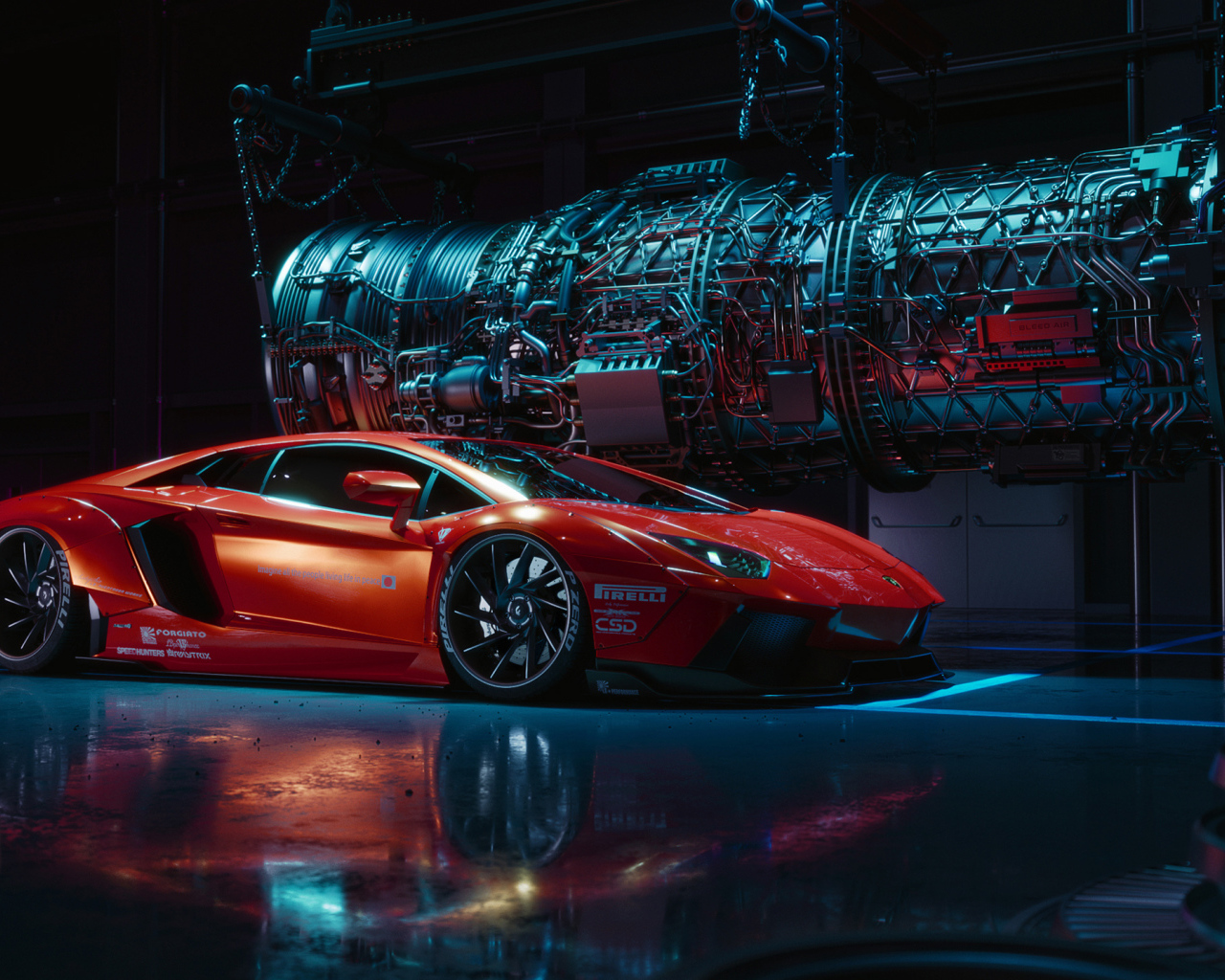 Красный спортивный автомобиль Lamborghini Aventador в бункере