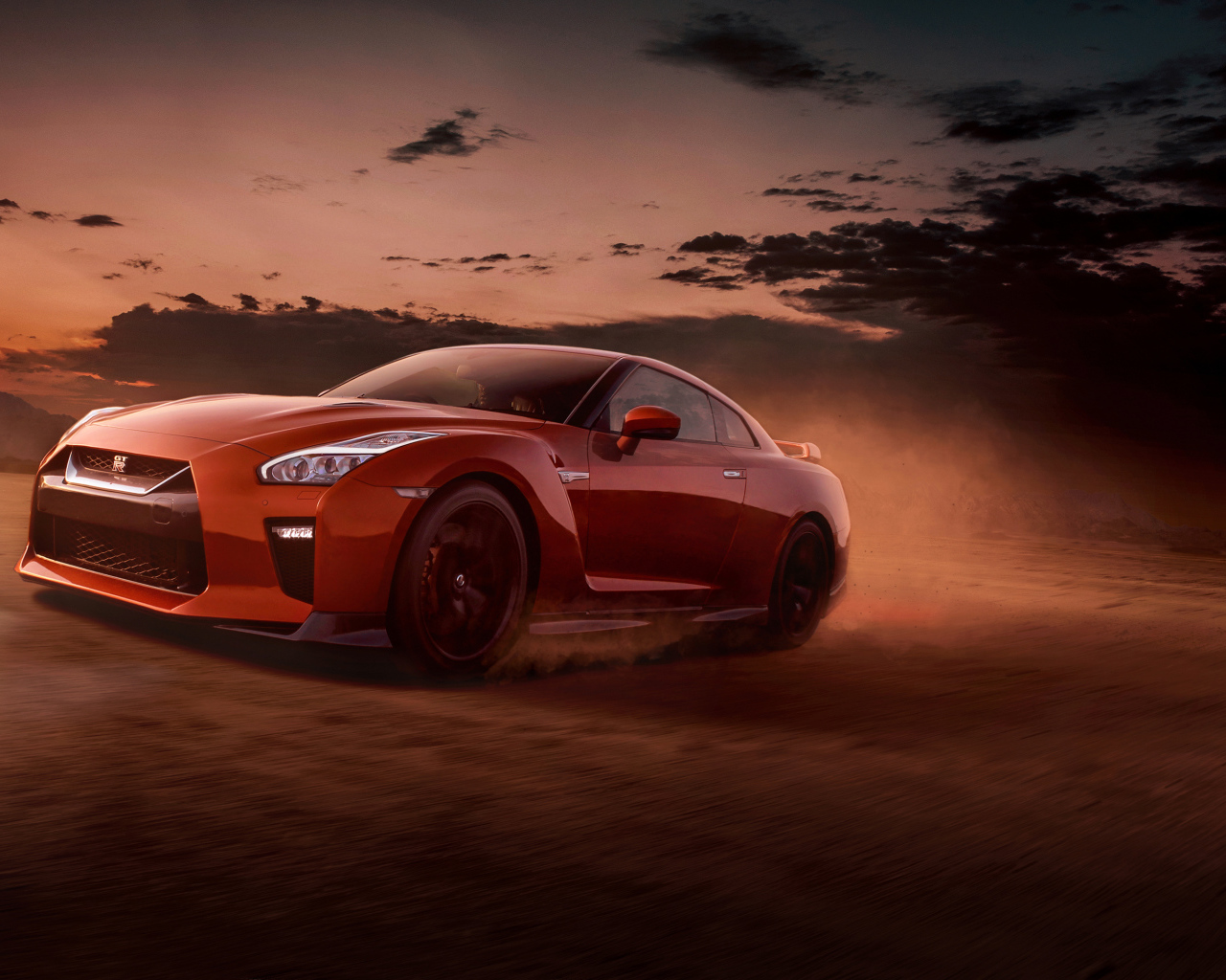 Красный автомобиль Nissan GT-R вечером