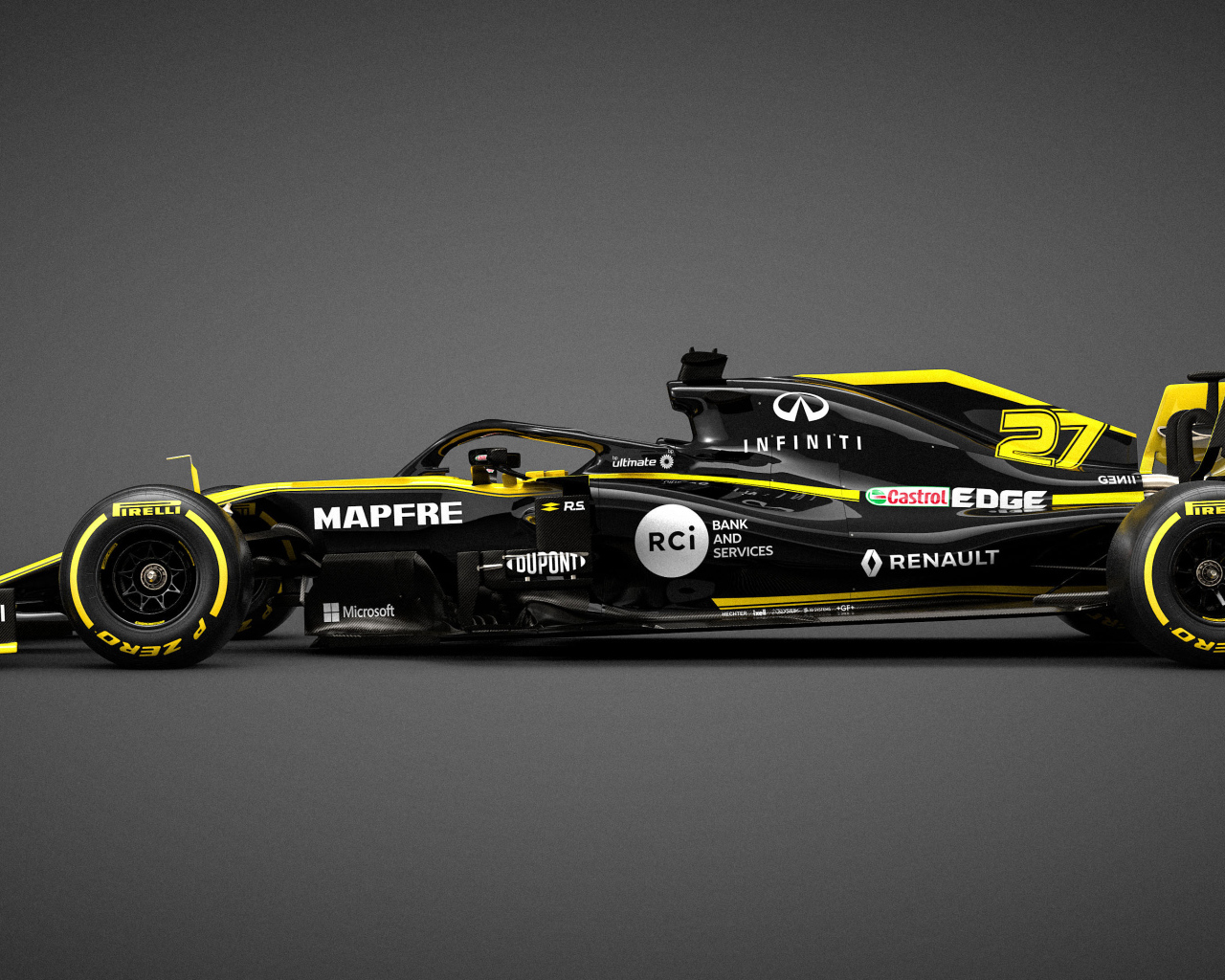 Гоночный автомобиль Renault R.S.19 2019 года на сером фоне