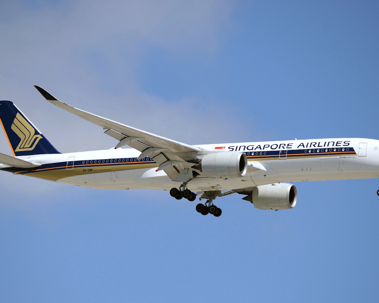 Самолет Singapore Airlines в голубом небе