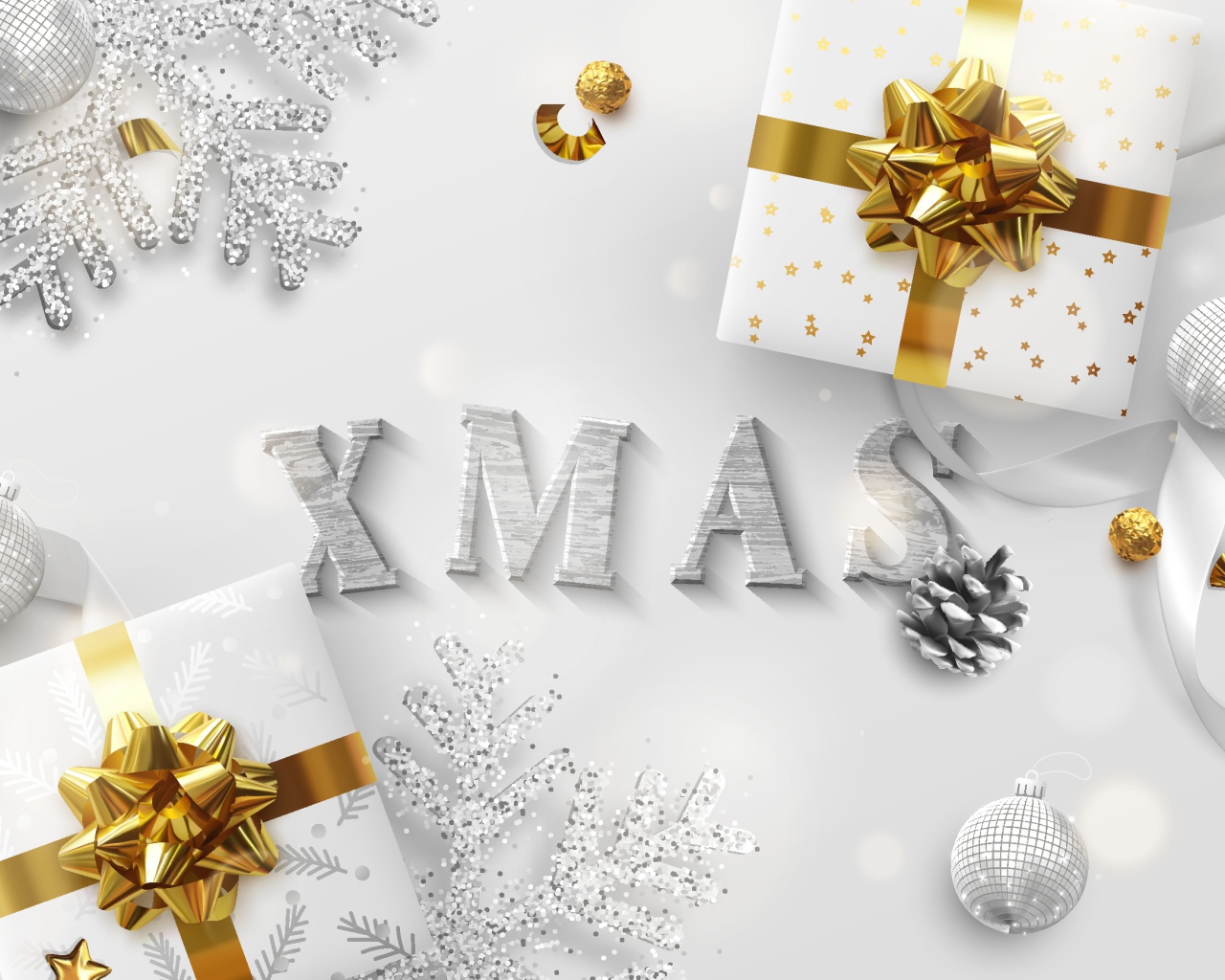 Два подарка и снежинки на Рождество 