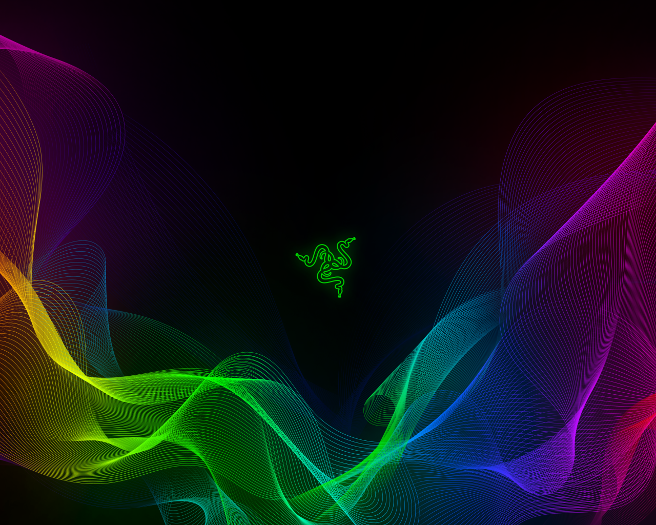 Зеленый логотип  Razer на черном фоне с разноцветной абстракцией