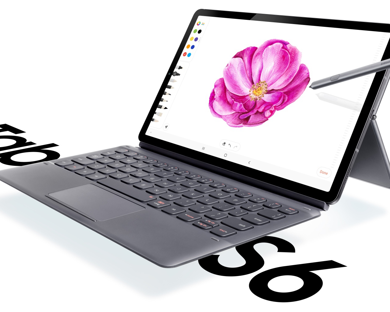 Планшет Samsung Galaxy Tab S6 на белом фоне с клавиатурой