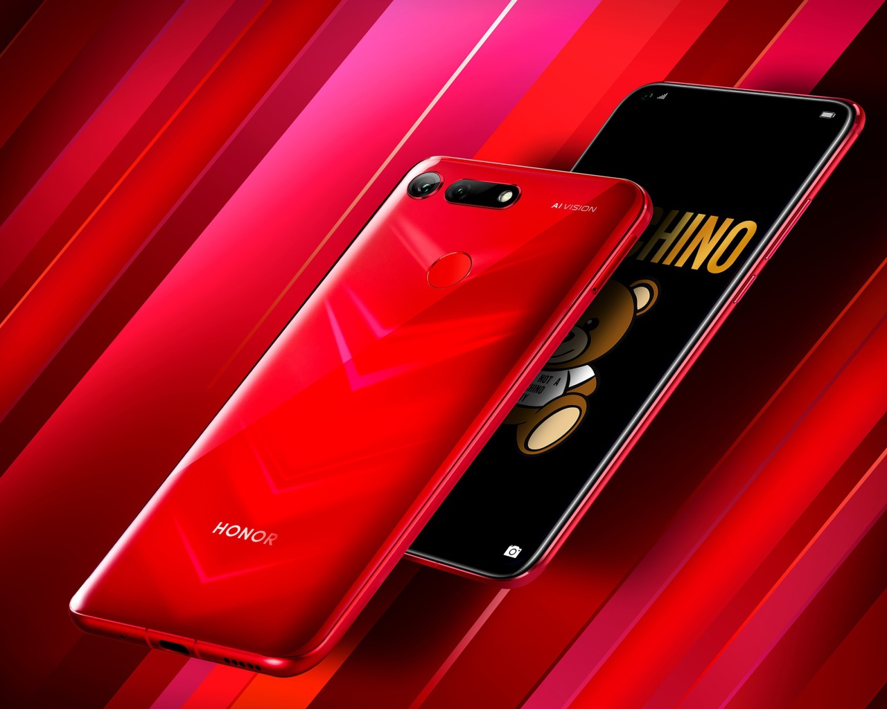 Стильный тонкий смартфон Honor View 20 на красном фоне