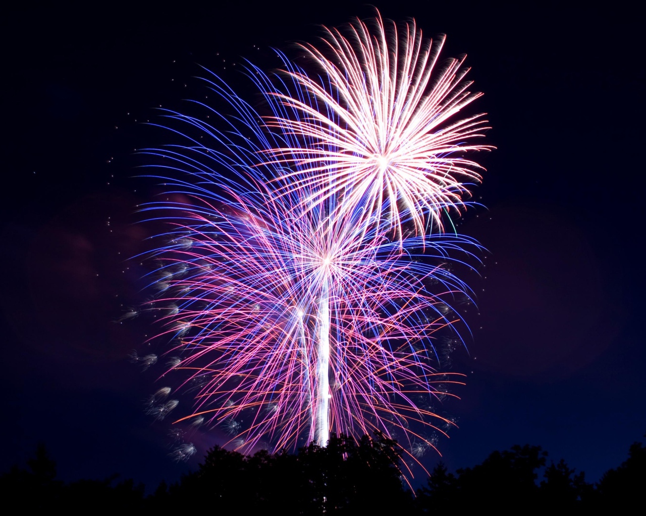 Яркий разноцветный салют в ночном небе