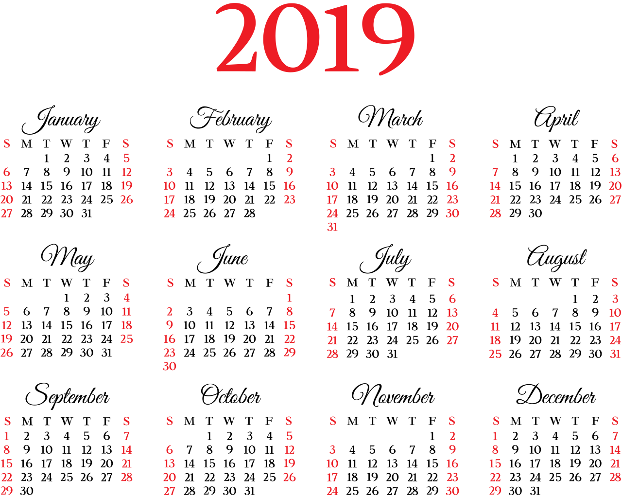 Календарь на 2019 года на белом фоне