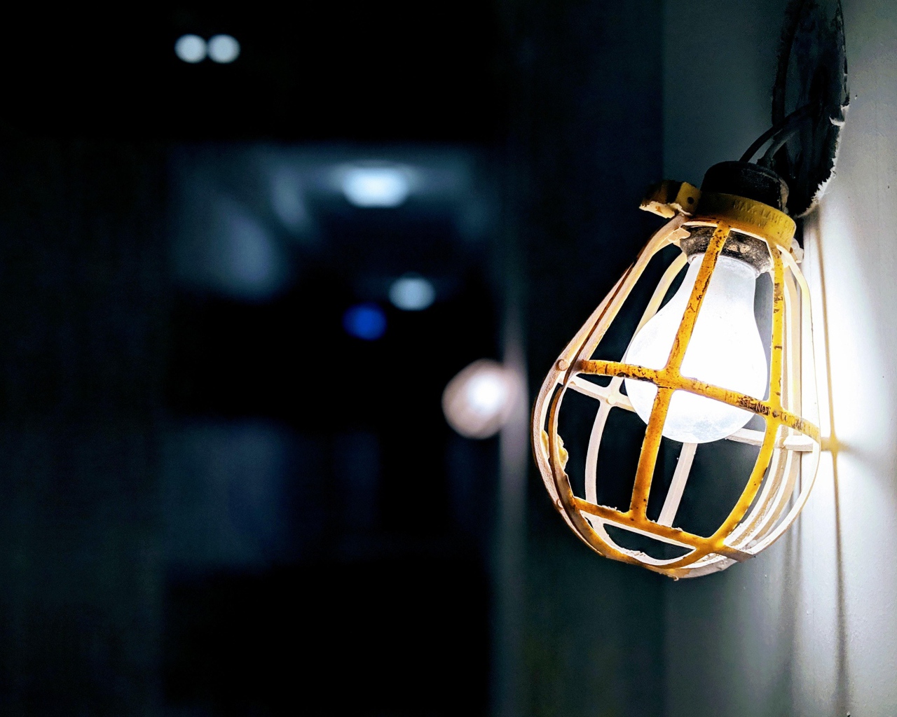 Включенная лампа в защитной решетке