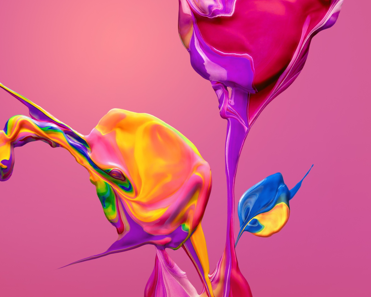 Разноцветные краски смешиваются на розовом фоне