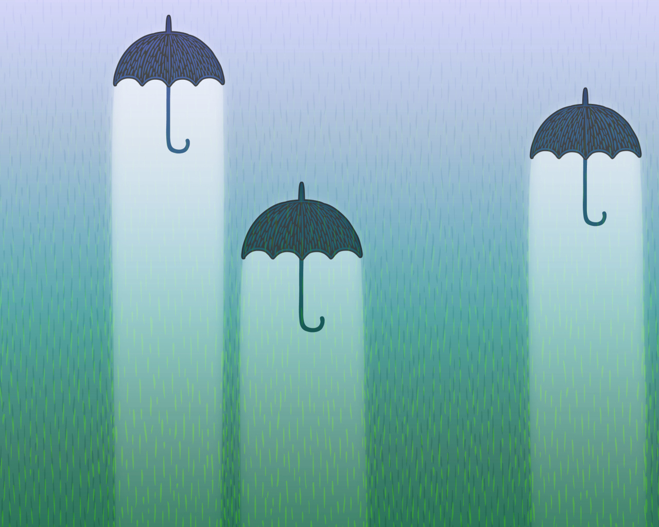 Три черных зонтика со светом на фоне дождя