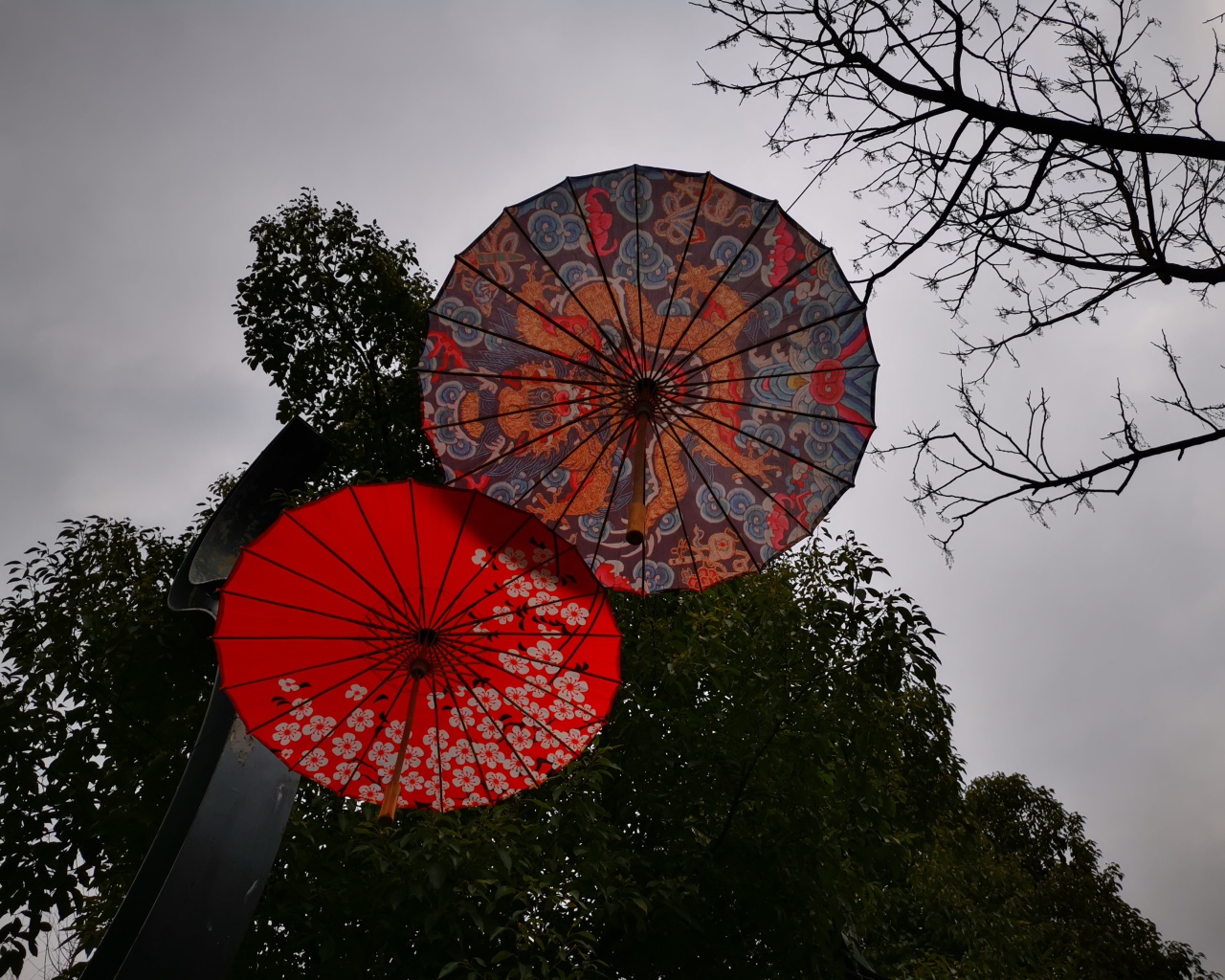 Два разноцветных японских зонтика на фоне неба