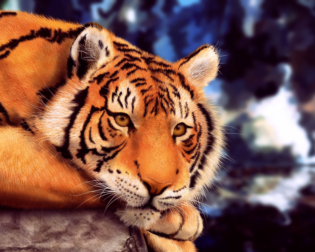 Большой нарисованный тигр лежит на камне