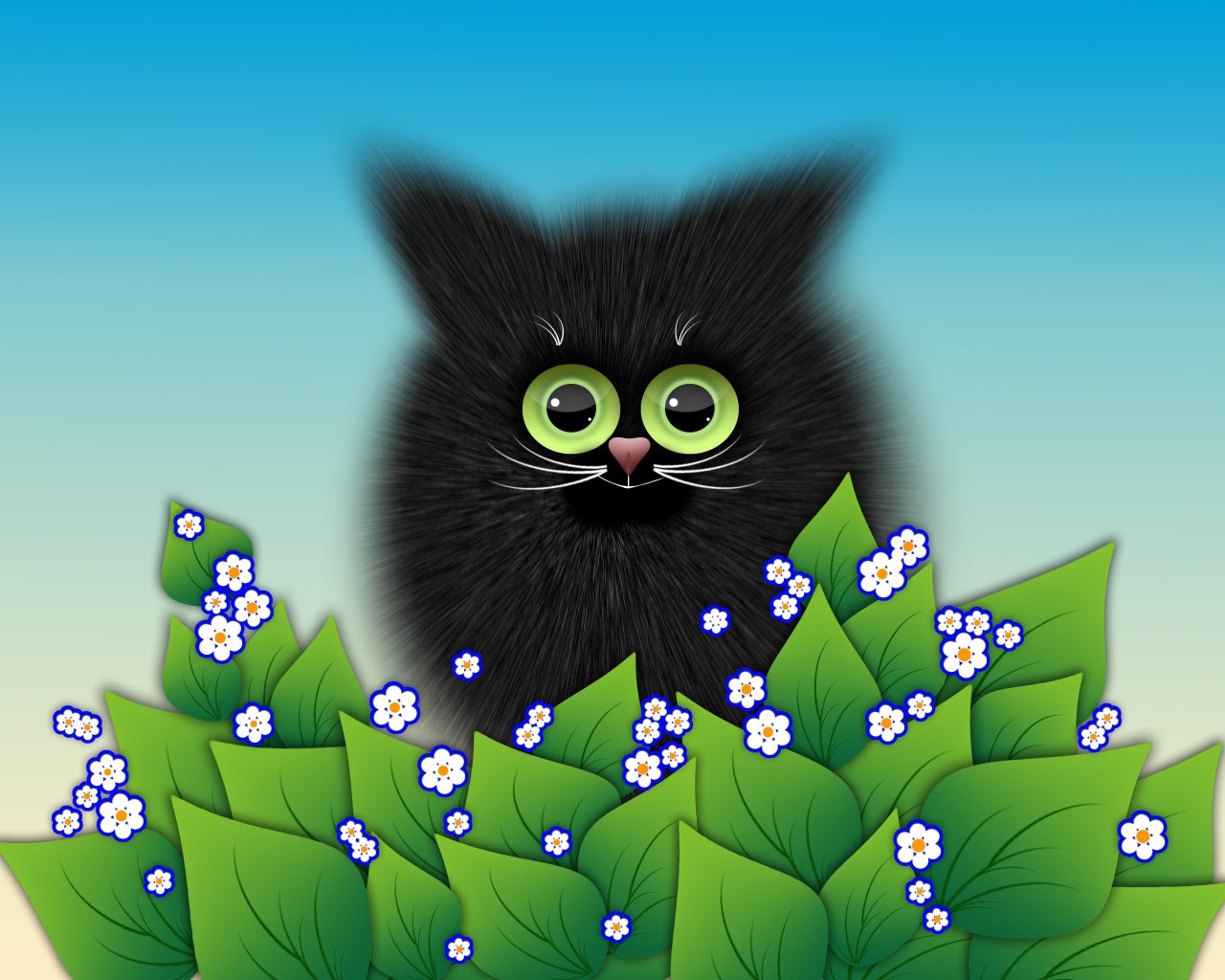 Черный котенок с зелеными листьями векторный рисунок
