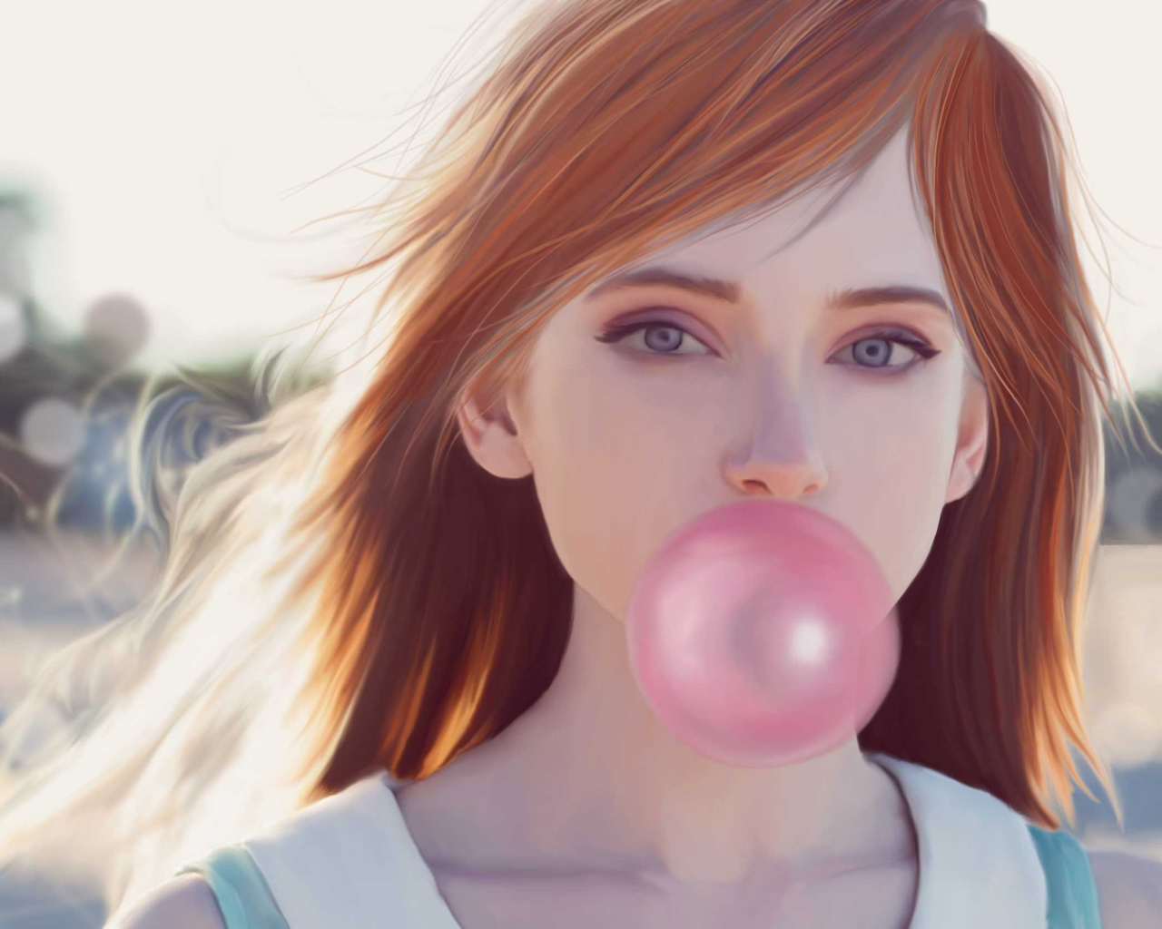 Нарисованная девушка с жвачкой во рту