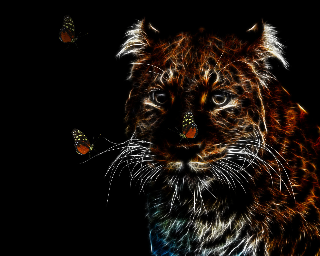 Нарисованный неоновый леопард с бабочками на черном фоне
