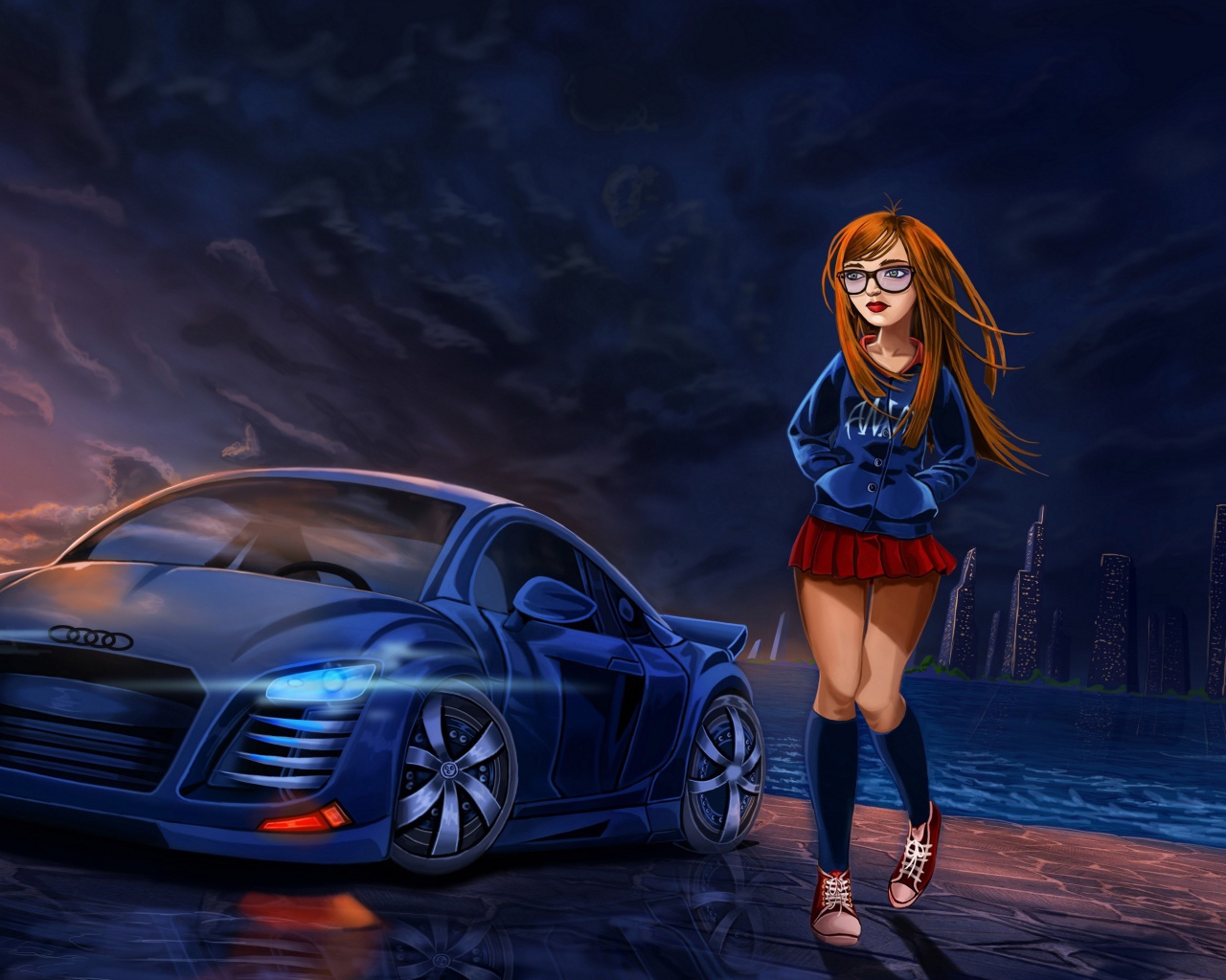 Нарисованная девушка в короткой юбке у автомобиля ауди