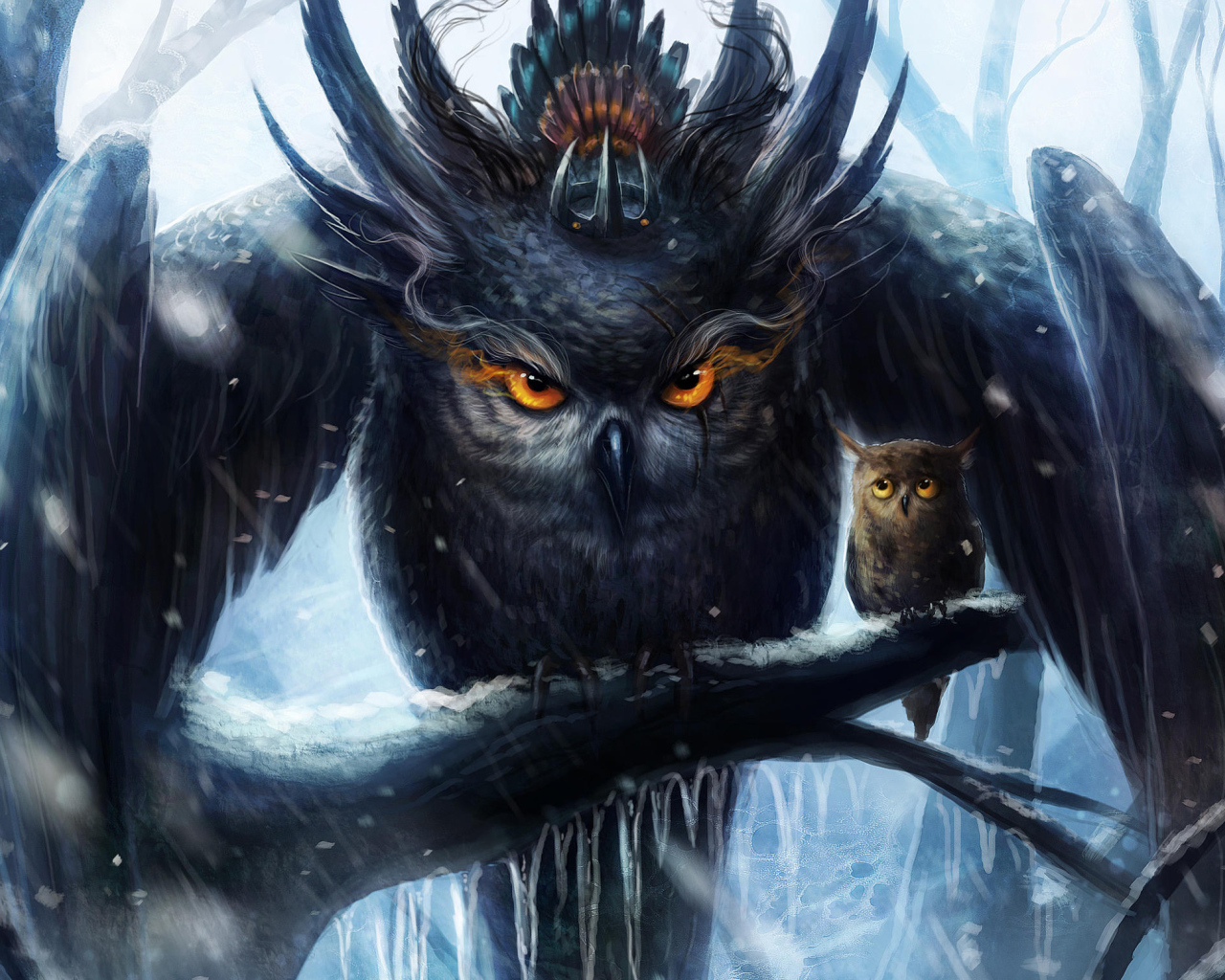 Нарисованная сова мать с птенцом на ветке